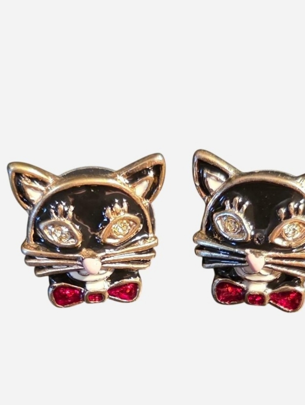 Betsey Johnson Black Enamel Cat Brooch & Stud Earrings w/Red Crystals Bows Heart - Picture 4 of 6